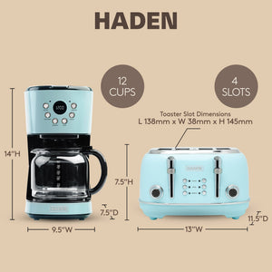 Haden Coffee Maker & Heritage 4 Slice Wide Slot Toaster, Turquoise & Chrome - TRAPSKI