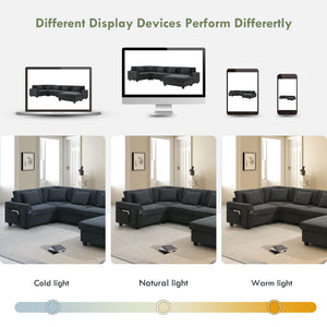 U Shaped Sectional Sofa 6 Seat Couch Set With Oversized Ottoman, Hidden Armrest Storage And Cup Holders USB Charging Ports Wide Seat Sofa