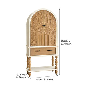 Arched Flower Carved Door Accent Sideboard Cabinet With 1 Drawer And Shelf, Cabinet For Kitchen - Natural / White
