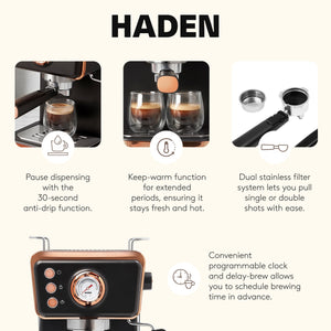 Haden Barista Brew Espresso Coffee Machine 20-Bar Espresso Maker, Black & Copper