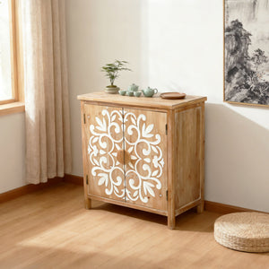 Rustic Wooden Accent Cabinet with Floral Carved Doors