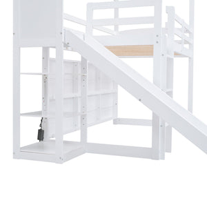 House Loft Bed With Slide, Storage Shelves And Light, Climbing Ramp
