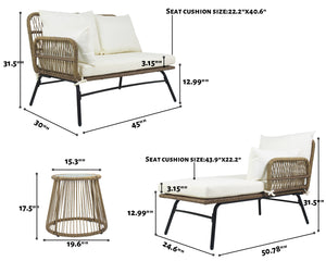 6PCS Outdoor Patio Balcony Natural Color Wicker Sofa Chair Set with Beige Cushion,Round Tempered Glass Table