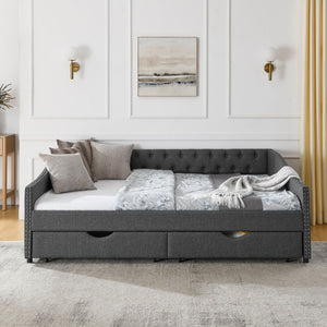Upholstered Tufted Daybed With 2 Drawers, Waved Arms