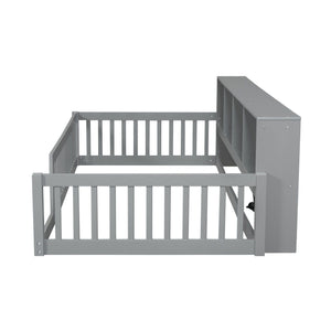Twin Long Floor Bed With Storage Cabinets And USB Ports - Gray
