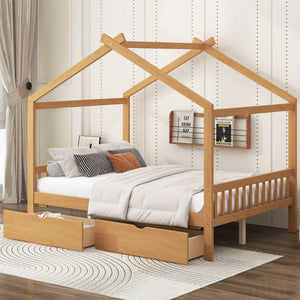 House Style Platform Bed With Headboard, Footboard, 2 Drawers, And Roof Design
