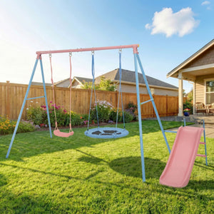 Xns107 - 2 Swing Set With Slide For Outdoor - Blue / Pink