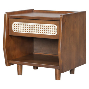 Walnut Nightstand with Rattan Detail, MDF + Solid Wood