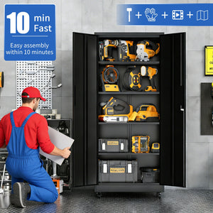Heavy Duty Rolling Cabinet With Lock, Garage Storage Cabinet, 4 Adjustable Shelves For Tool Organization