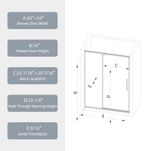 50-54"W x 74"H Pivot Shower Door with Matte Tempered Glass Finish