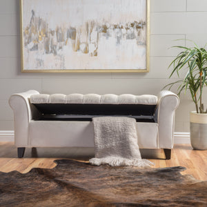 Ivory Fabric Storage Bench with Rolled Arms