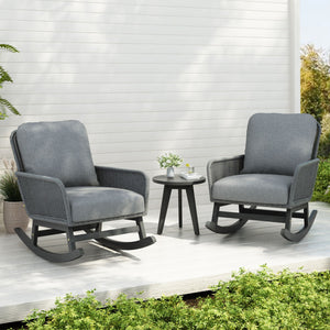 Modern 3 Piece Outdoor Seating Set with Cushioned Rattan Rocking Chairs and Wooden Accent Table