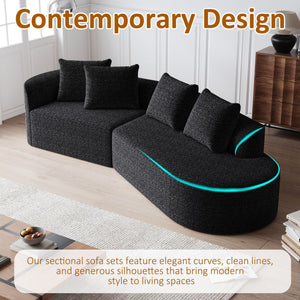 Upholstered Oversized Sectional Sofa, 4 Seater Extra Deep & Wide Curved Cloud Couch With 4 Throw Pillows For Living Room - Black