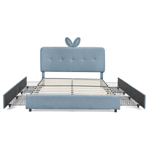 Upholstered Bed With Oversized Rabbit Ear Headboard, LED Lights & 4 Storage Drawers