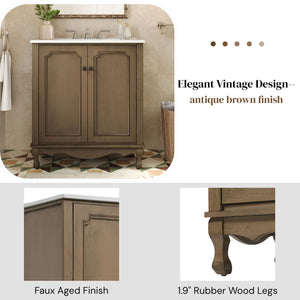 Vintage Bathroom Vanity With Ceramic Sink, Adjustable Shelves