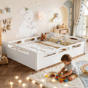 Queen Size Floor Platform Bed with Guardrails