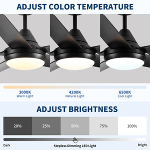 Ceiling Fan With Lights And Remote Control, Reversible DC Motor, 6 Speeds, 3 Cct Dimmable LED, Quiet Timer For Indoor - Black