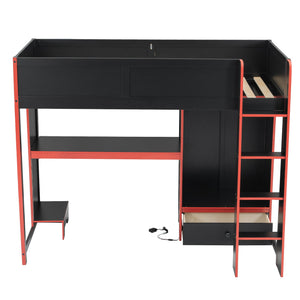 Gaming Loft Bed With Built In Desk, Wardrobe, LED Lighting And Drawer