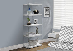 5-Tier White Bookcase with Clear Tempered Glass