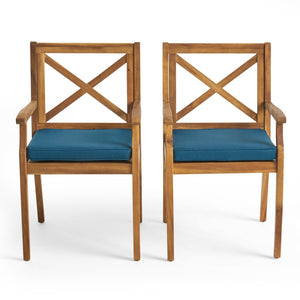 7 Pieces Acacia Wood Outdoor Dining Set with Blue Cushions