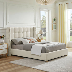 Queen Size Removable Chenille Wingback Upholstered Waffle Bed