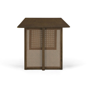 Walnut-Colored Rubber Wood Dining Table with Rattan Accents