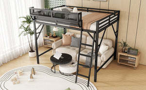 Full Size Loft Bed with Ladder and Storage Shelves