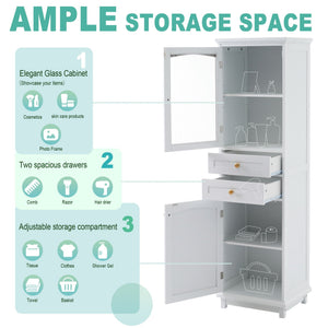 Tall Bathroom Storage Cabinet With Glass Doors, Free-Standing, Two Drawers, And Adjustable Shelves, Board, Painted Perfect For Displaying Your Favorite Items