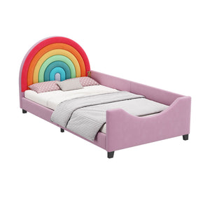 Rainbow Upholstered Twin Daybed Low To The Ground Design Cute Style Princess Bed - Colorful / Pink