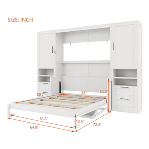 Queen Size Murphy Bed Wall Bed with Closet, Drawers and Shelves, White