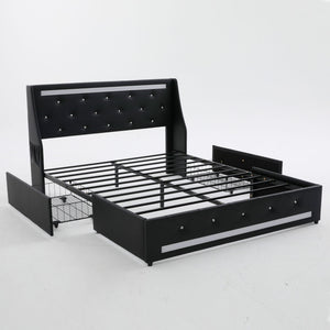 Wingback Upholstered Bed Frame With LED Lights, Charging Station