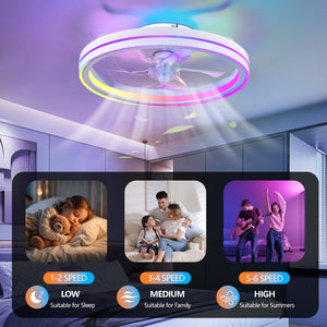 RGB Ceiling Fan with Lights, 19'' Smart LED Bladeless Chandelier Fan
