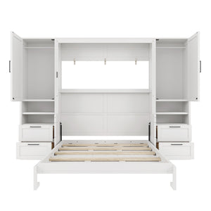 Queen Size Murphy Bed Wall Bed with Closet, Drawers and Shelves, White