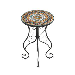 Round Ceramic Outdoor Side Table, Colorful + Black