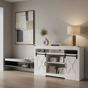 Farmhouse TV Stand With Sliding Barn Doors & Adjustable Storage
