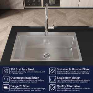 Stainless Steel Kitchen Sink, 32"x19" Single Bowl, Overmount Handmade Brushed Nickel