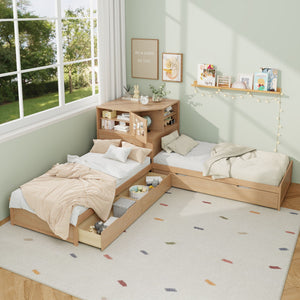 L-Shaped Bed Frame With Trundle, Built In Desk & LED Lighting