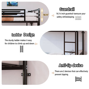 Bunk Bed with Ladder and High Guardrail Metal Bunk Bed, Storage Space, Noise Free, Twin Over Twin Size