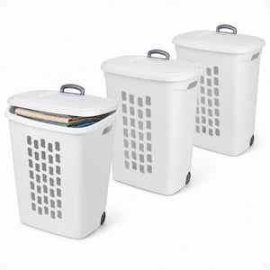 Sterilite Laundry Hamper Flip Top Lid Retractable Pull Handle Wheels, (3 Pack)