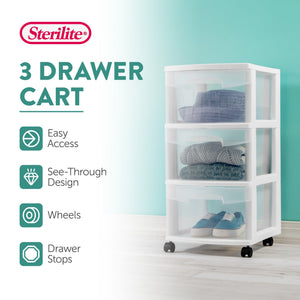 Sterilite 3 Drawer Storage Cart, Plastic Rolling Organizer with Wheels, 6 Pack