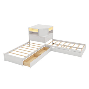 L-Shaped Bed Frame With Trundle, Built In Desk & LED Lighting