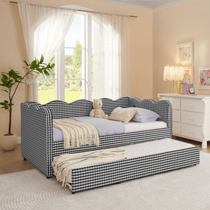 Cozy Gingham Daybed with Trundle Twin Size Sofa Bed