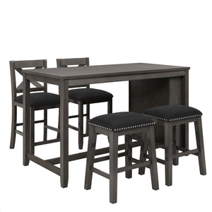 5 Pieces Counter Height Rustic Farmhouse Dining Room Wooden Bar Table Set With 2 Stools And 2 Chairs