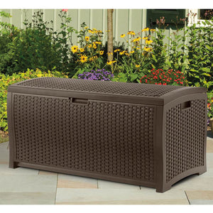 Suncast DBW7300 73 Gallon Resin Wicker Outdoor Patio Storage Deck Box, Mocha