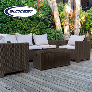 Suncast DBW7300 73 Gallon Resin Wicker Outdoor Patio Storage Deck Box, Mocha - TRAPSKI