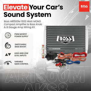 Boss AR1500M 1500 Watt MONO Compact Amplifier and Bass Knob and Amp Wiring Kit - TRAPSKI