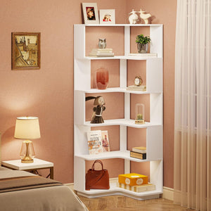6 Tier Corner Bookshelf, L-Shaped Freestanding Shelf With Anti Drop Panels