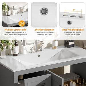Bathroom Vanity With Sink, Soft Close Doors, Adjustable Shelf & 3 Drawers