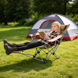Reclining Camping Chair with Footrest 4-Position Adjustable Outdoor Folding Chair Heavy Duty Portable Camping Lounge Chair with Headrest Cup Holder &