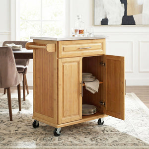 Indoor Compact Bamboo Rolling Kitchen Cart with Stainless Steel Top